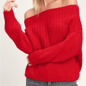 Material Girl Red Eyelash Knit Off-the-Shoulder Sweater Top Fuzzy Oversized Sz S